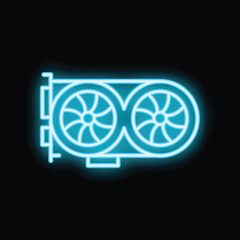 Poster - Blue neon icon of a graphics processing unit with two fans, representing gaming and computer hardware