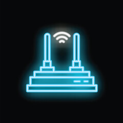 Poster - Neon blue icon of a router emitting a wifi signal on a black background