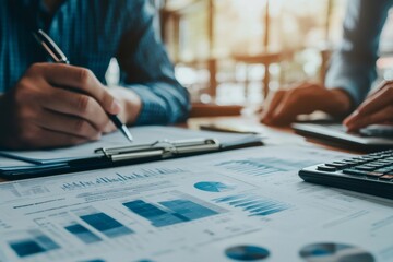 Poster - Business people analyzing financial charts and graphs using calculator and pen