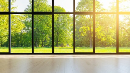 Poster - Sunlit Modern Interior Design with Large Windows Overlooking Green Landscape