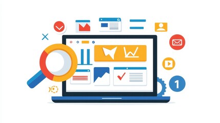 Poster - A person developing a pay-per-click ad campaign on a laptop with targeted keywords and search engine data on a white isolated background