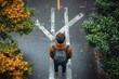 © Gatherina - Student standing at a crossroad with three different paths, making a decision for his future