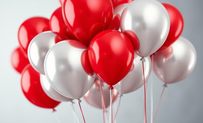 Wall Mural - Vibrant red and silver balloons, festive party decorations, shiny latex balloons, high contrast, studio lighting, minimalist background, close-up view, celebration theme, glossy surface, elegant color