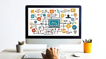 Poster - A person designing a digital ad for a website promotion with creative elements on a computer screen on a white isolated background