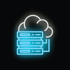 Poster - Neon blue server icon connecting to a white cloud computing system on a black background