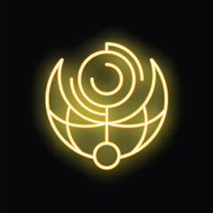 Poster - Neon sign representing a globe with a spiral and a dot, glowing yellow on a dark background