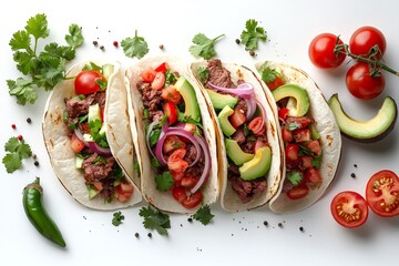 Wall Mural - Delicious tacos with beef, vegetables, avocado, and spices lying on white background