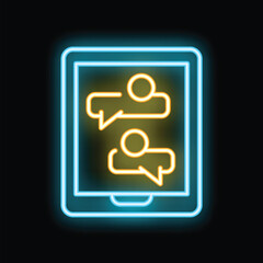 Poster - glowing neon line mobile phone with chat messages notification on screen icon isolated on black back