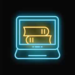 Poster - Bright neon icon of a laptop displaying books, representing online education, digital libraries, and e learning