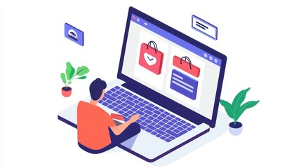 Poster - a flat lay of a person shopping for gadgets online using a laptop, showing product details on the sc