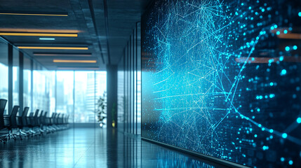 Poster - Modern Office Interior Digital Network Display Blue Technology Futuristic Design Corporate Space    