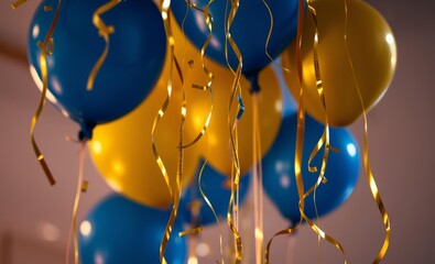 festive balloons, gold and blue colors, party decorations, shiny metallic finish, confetti, celebrat