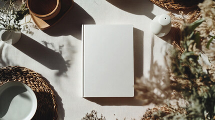 Poster - Elegant White Book Mockup Minimalist Design Natural Light Aesthetic Flatlay Photography Neutral     