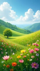 Wall Mural - Green hills covered in wildflowers swaying gently in the breeze, colorful flora, , spring blooms