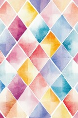 Canvas Print - Watercolor illustration of a vibrant argyle pattern with bold diamond shapes in shades of red, blue, yellow, purple, and pink