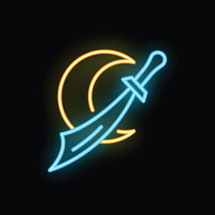 Poster - Glowing neon line sword with crescent moon icon isolated on black background. Vector illustration