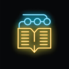Poster - Bright neon icon of an open book with digital bookmark representing online education, e learning and digital library