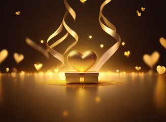 Poster - Golden heart atop a gift box, surrounded by glowing hearts and ribbons.  A romantic, luxurious scene perfect for Valentine's Day or an anniversary.