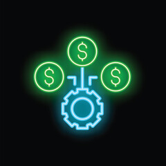 Poster - Neon dollar currency signs flowing into gear cogwheel showing investment funding concept