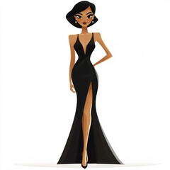 Wall Mural - A stylish cartoon lady in a sleek black evening dress with a high slit, set on a white background