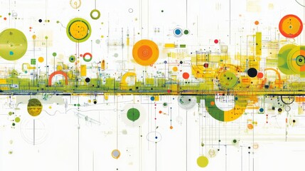 Poster - abstract composition featuring vibrant circles and lines in a colorful digital landscape