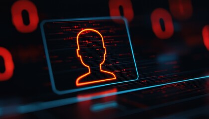 Poster - A digital representation of a user icon with glowing red elements, symbolizing technology, data privacy, and online identity.