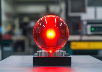 Poster - A glowing red orb sits on a black base, illuminated from within, surrounded by a blurred industrial setting.