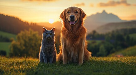 Wall Mural - Golden Retriever Dog and Gray Cat Sitting in Grass at Sunset Idyllic Rural Scene