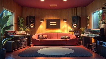 Poster - A high-end music studio featuring a stylish curved couch, warm-toned walls, and advanced audio gear in an elegant setup.