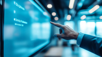Poster - Businessman Hand Pointing at Modern Digital Screen Display Technology Blue Data Future Office Design