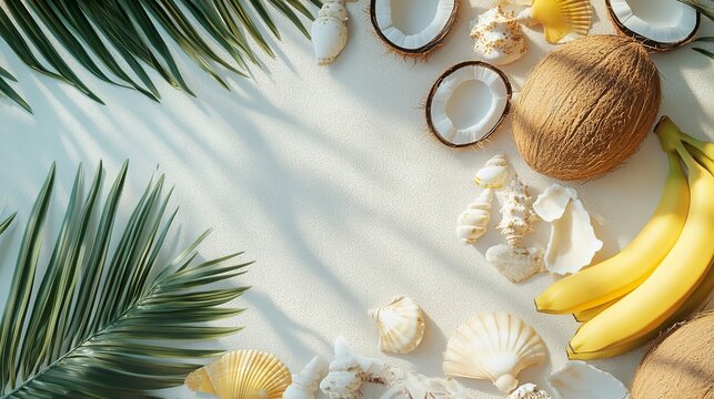Holiday background with shells, exotic flowers and palm leaves. Frame with space for text