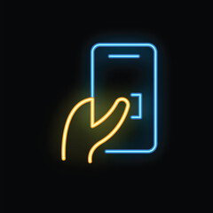 Poster - Yellow neon sign depicting a hand with the index finger touching a smartphone screen on a black background