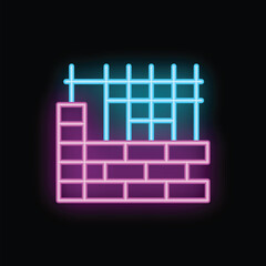 Poster - Neon sign illustrating the concept of building a brick wall with a fence on top