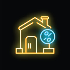 Poster - Glowing neon icon of a house with a percentage symbol, representing mortgage and housing loan concepts
