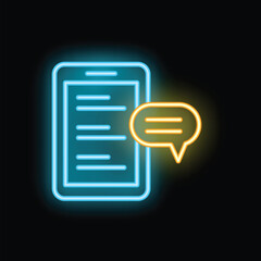 Poster - Bright neon icon of a smartphone showing a chat bubble notification, representing instant messaging and online communication