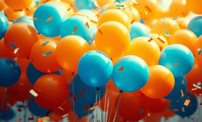 Wall Mural - Vibrant balloons, orange and blue color scheme, festive celebration, party atmosphere, close-up view, helium-filled balloons, buoyant spheres, contrasting colors, clustered balloons, cheerful mood, ou