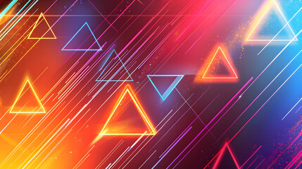 Poster - Dynamic abstract composition featuring neon triangles and linear streaks over a radiant gradient background, generative ai