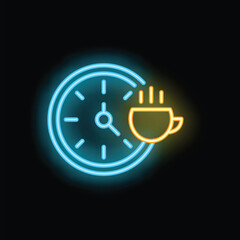 Poster - neon icon of a clock showing coffee break time with a steaming cup of coffee next to it