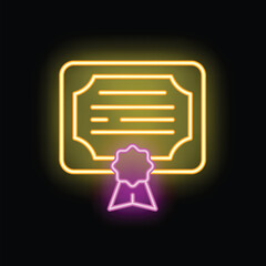 Poster - Neon glowing icon of a certificate with a ribbon and star award, symbolizing an achievement or accomplishment