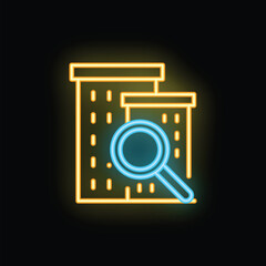 Poster - Neon icon of a magnifying glass searching for buildings, symbolizing the concept of real estate