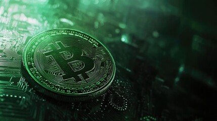 Poster - A close-up of a Bitcoin coin resting on a futuristic digital circuit background.