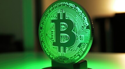 Poster - A close-up of a spinning Bitcoin token with glowing binary code in the background.