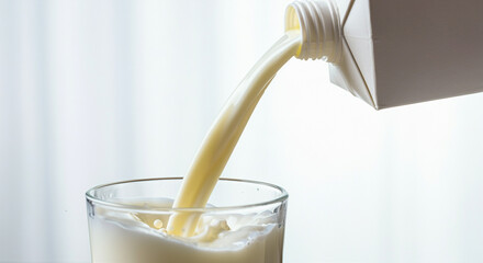 Poster - milk pouring from carton into glass fresh dairy beverage