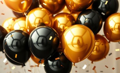 Wall Mural - Shiny metallic balloons, gold and black spheres, reflective surfaces, celebration, party atmosphere, festive decorations, luxurious event, close-up photography, high contrast, glossy textures, helium-