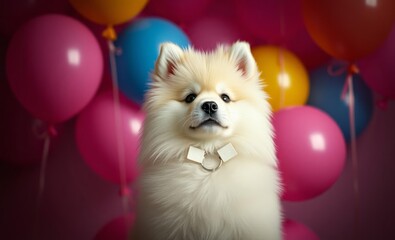 Wall Mural - fluffy white Pomeranian dog, colorful balloons background, birthday party, cheerful atmosphere, studio portrait, vibrant colors, pink and blue balloons, soft lighting, cute expression, pet photography