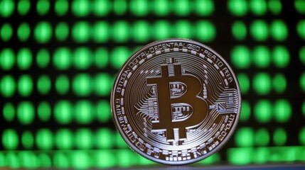 Poster - A close-up of a spinning Bitcoin token with glowing binary code in the background.