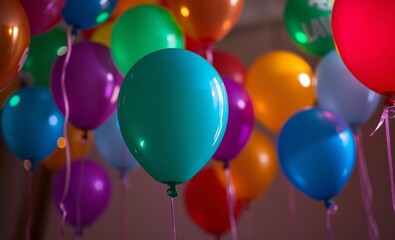 Wall Mural - colorful balloons, party atmosphere, vibrant colors, close-up shot, glossy surfaces, festive mood, floating balloons, red green blue purple orange, helium-filled, celebration, joyful ambiance, birthda