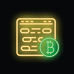 Poster - Glowing neon icon of bitcoin cryptocurrency appearing on website interface on black background