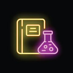Poster - Glowing neon icon of a scientific experiment logbook with an erlenmeyer flask, representing chemistry research and laboratory analysis