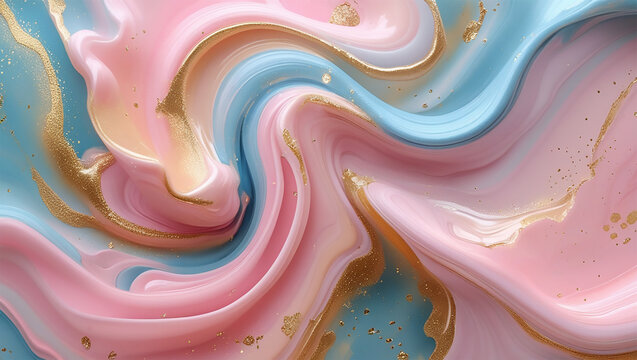 A swirling abstract pattern featuring soft pastel colors, including pink, blue, and gold, blended seamlessly together. The texture resembles fluid marbling, with hints of shimmer and tiny gold specks 